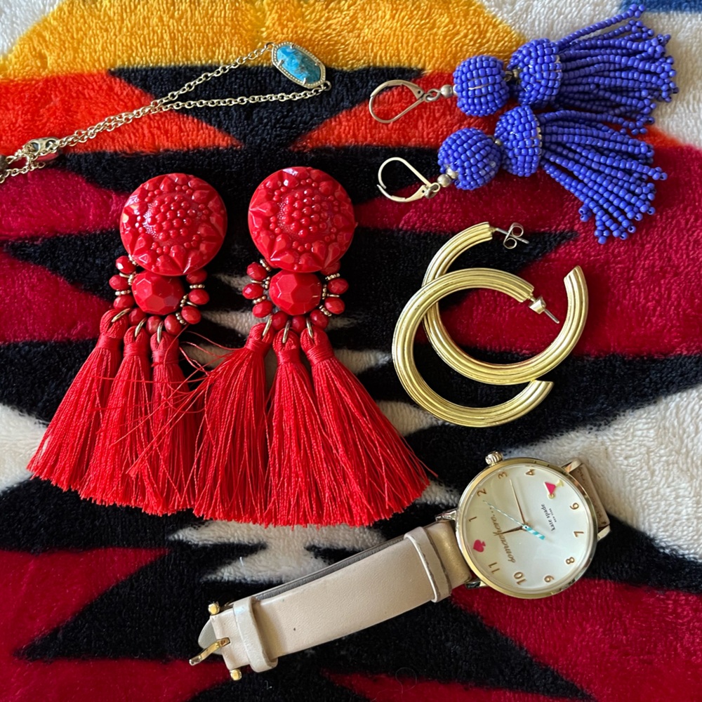 Earrings, bracelet, watch from top shop, made well, Kendra Scott & Kate spade